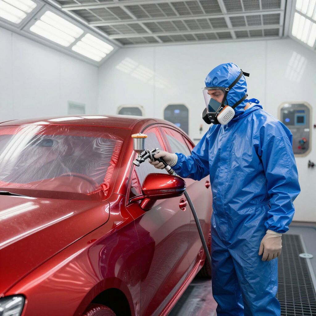Artisan peintre appliquant la peinture sur une voiture rouge chez Yan Carrosserie Autos à Domène proche de Gières