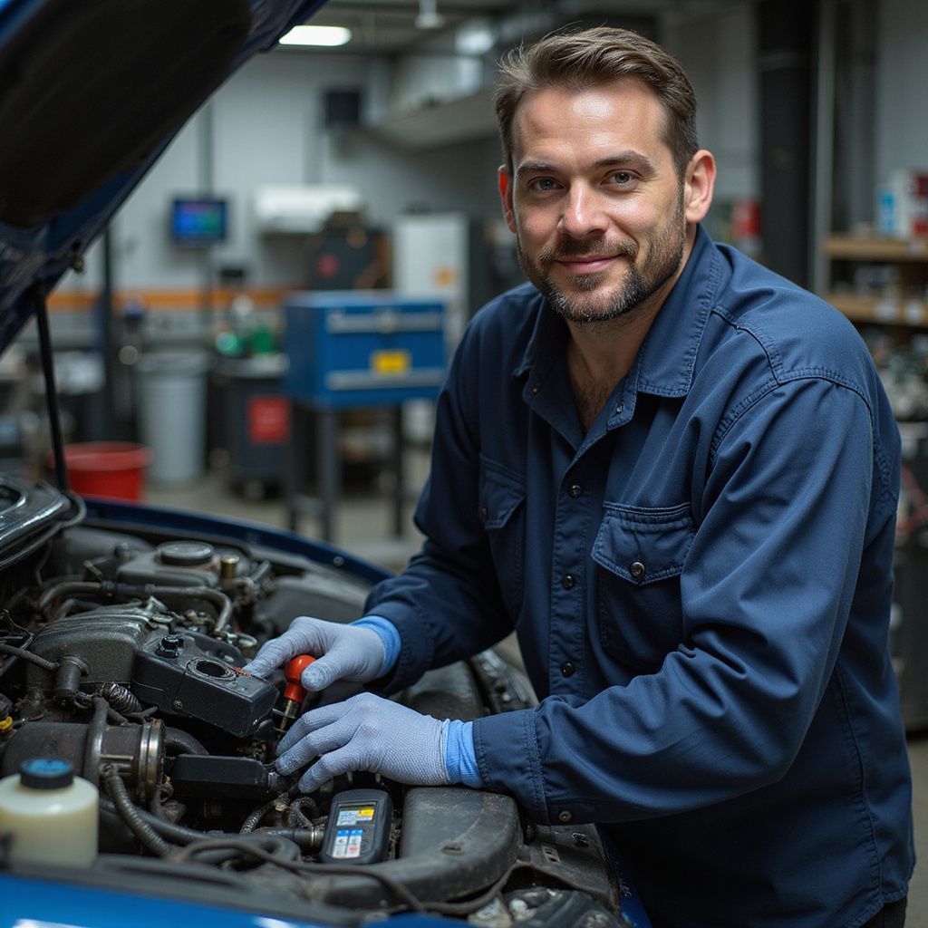 Un mécanicien en combinaison bleue inspecte le moteur d'une voiture dans un garage.