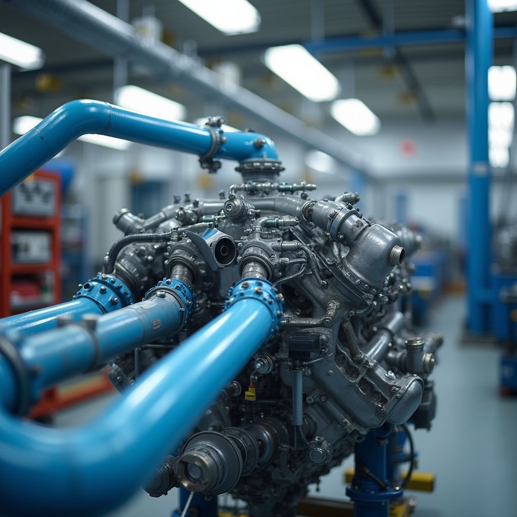 Des tuyaux industriels bleus sont reliés à une machine métallique complexe dans un atelier d'usine.