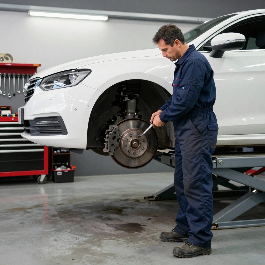 Un mécanicien inspecte le frein avant d'une voiture blanche dans un atelier de réparation automobile.