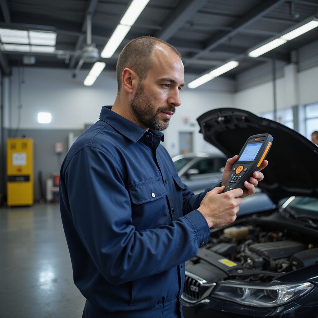 Un mécanicien en combinaison bleue inspecte une voiture avec un appareil de diagnostic portatif dans un garage.