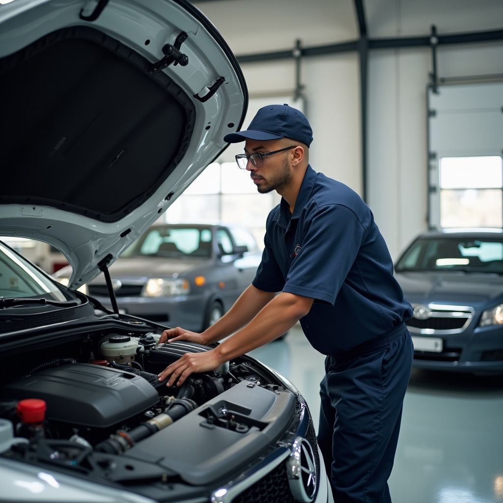 Mécanicien inspectant le moteur d'une voiture chez Yan Carrosserie Autos à Domène proche de Biviers
