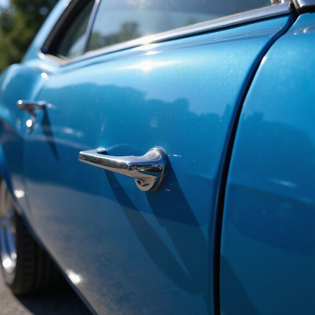 Gros plan sur la poignée de porte chromée et le panneau latéral d'une voiture classique bleue