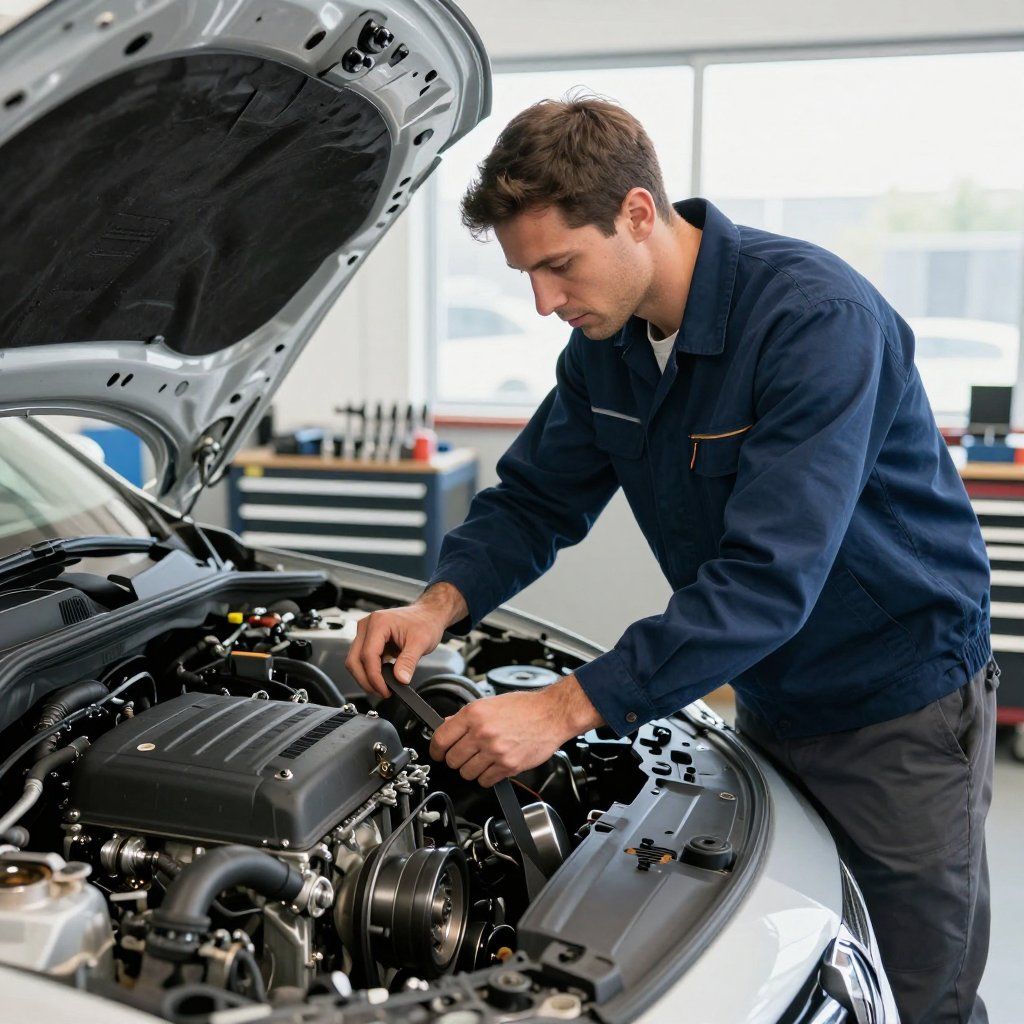 Un mécanicien en combinaison bleue inspecte le moteur d'une voiture, capot ouvert, dans un garage lumineux.
