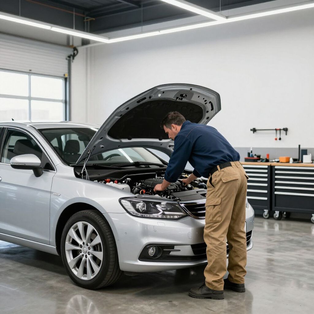 Un mécanicien inspecte une voiture argentée, capot ouvert, dans un atelier de réparation automobile.
