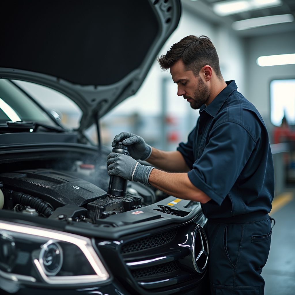 Un mécanicien travaille sous le capot d'une voiture dans un garage, inspectant le moteur d'une Mercedes-Benz noire.