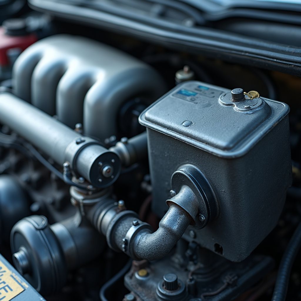 Gros plan sur le compartiment moteur d'une voiture, avec des tuyaux métalliques et un réservoir ou une pompe noire.