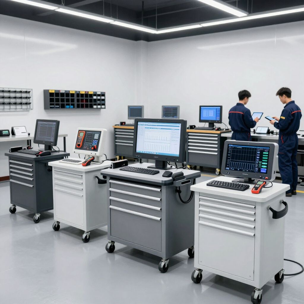 Laboratoire d'électronique moderne avec postes de travail, écrans, outils et techniciens collaborant en arrière-plan
