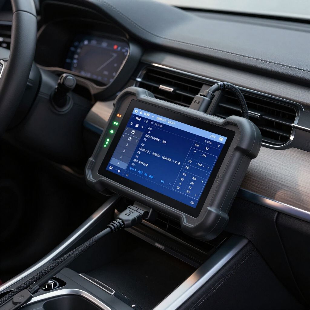 Tablette fixée sur le tableau de bord d'une voiture, affichant une interface de diagnostic bleue avec câbles connectés