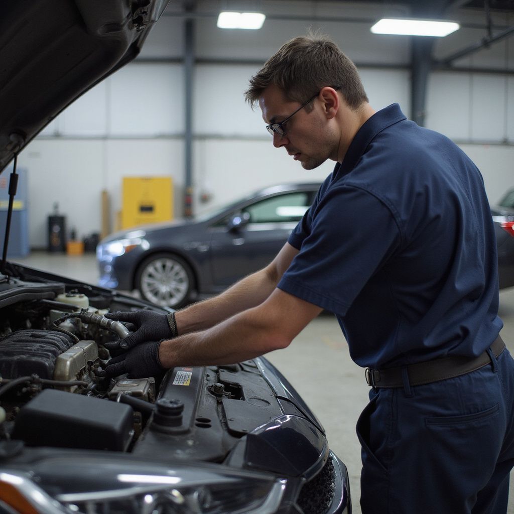 Un mécanicien inspecte le moteur d'une voiture dans un garage, avec une berline argentée en arrière-plan.