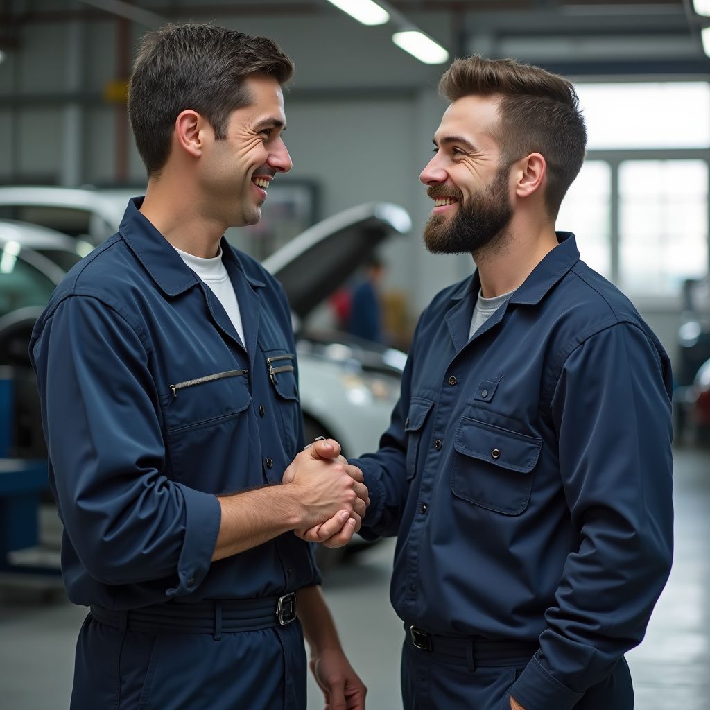 Deux mécaniciens en combinaisons bleues se serrent la main et sourient dans un atelier de réparation automobile.