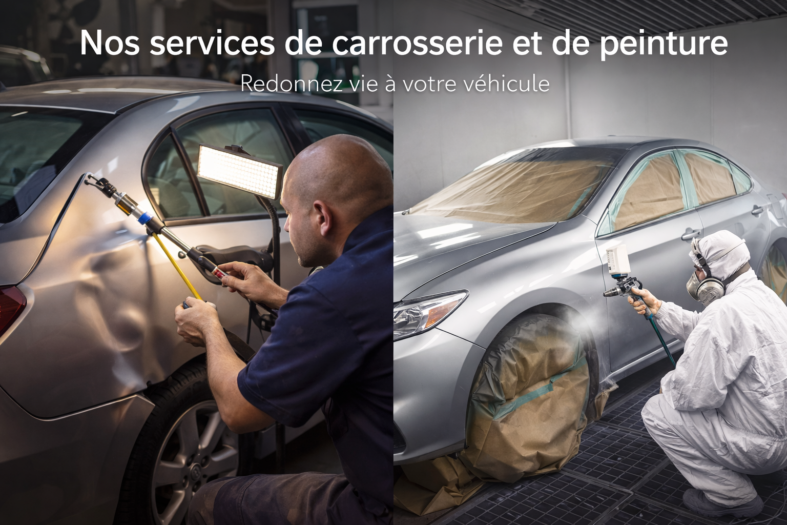 Un homme répare une bosse sur sa voiture ; un autre peint une voiture en argent dans un atelier.