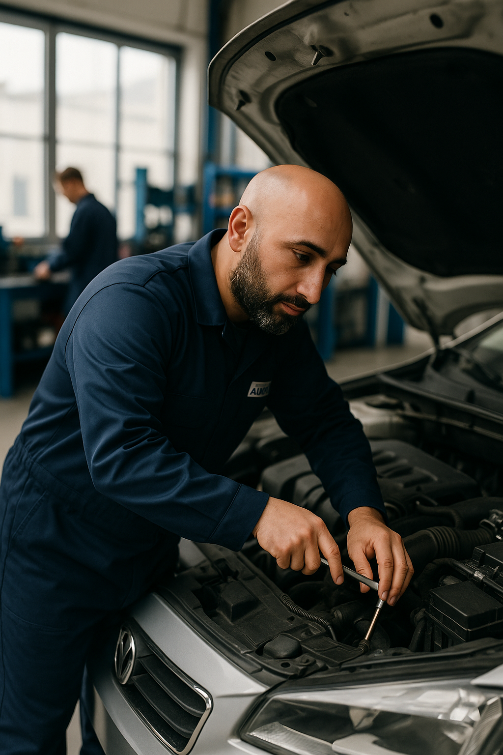 Un mécanicien travaille sous le capot d'une voiture ouverte dans un garage, inspectant le moteur avec des outils.