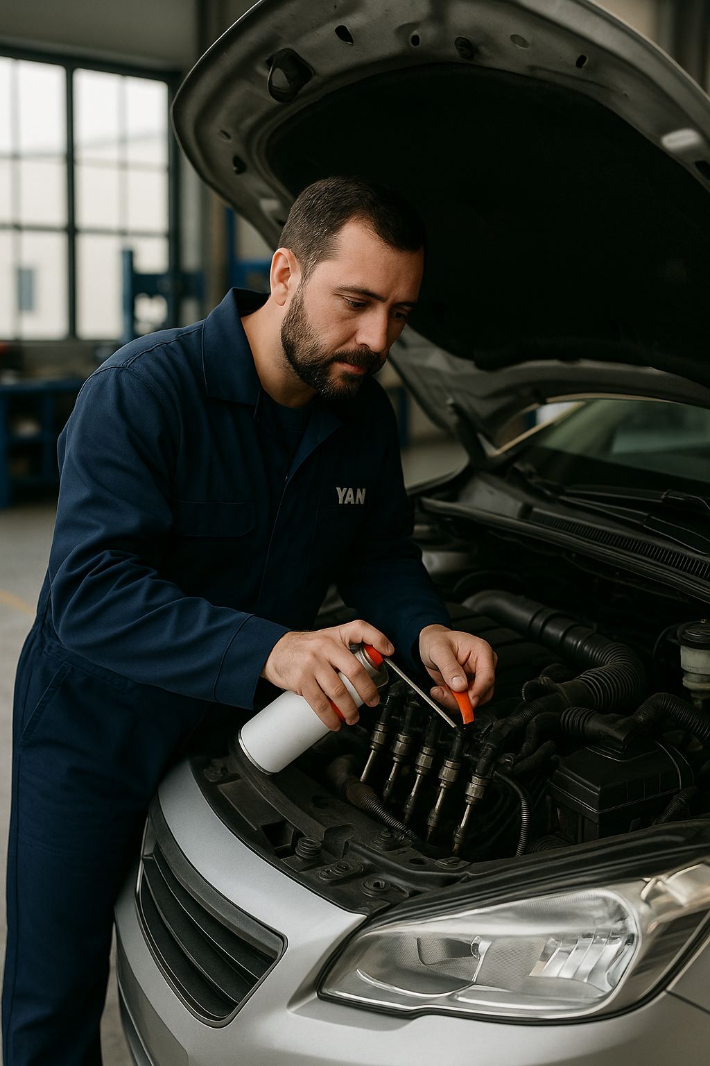 Un mécanicien travaille sous le capot d'une voiture argentée dans un garage, utilisant des outils sur le moteur.