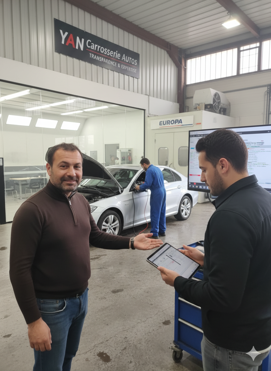 Deux hommes dans un garage ; l’un désigne une voiture, l’autre tient une tablette, un mécanicien est visible en arrière-plan.