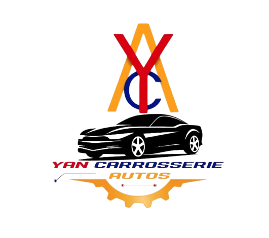 Logo YCA au-dessus de la silhouette d'une voiture noire avec l'inscription « YAN CARROSSERIE AUTOS » en rouge et orange.