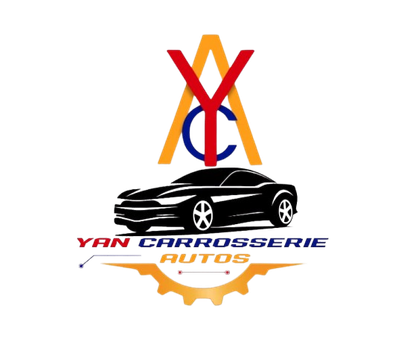 Logo YCA au-dessus de la silhouette d'une voiture noire avec l'inscription « YAN CARROSSERIE AUTOS » en rouge et orange.