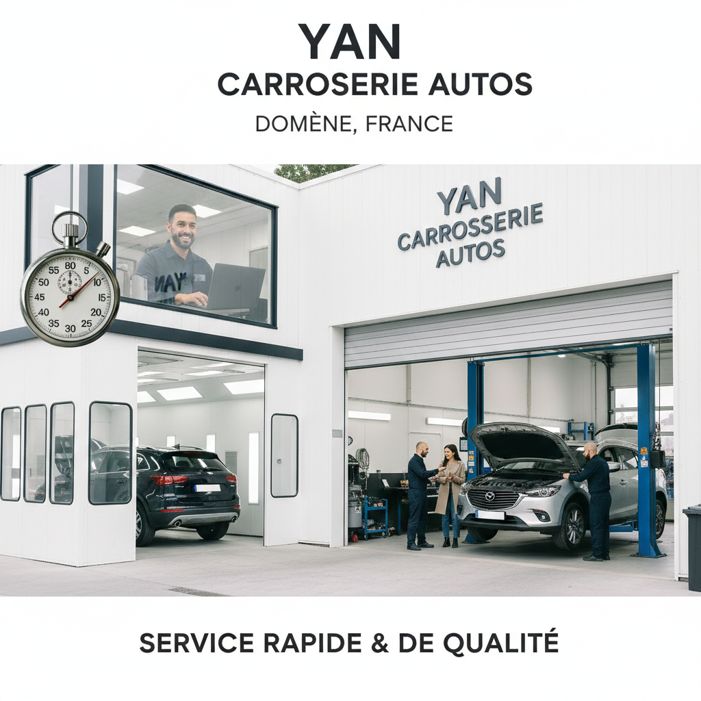 Atelier de carrosserie « Yan » à Domène, France, avec une équipe de réparation et d'entretien automobile.