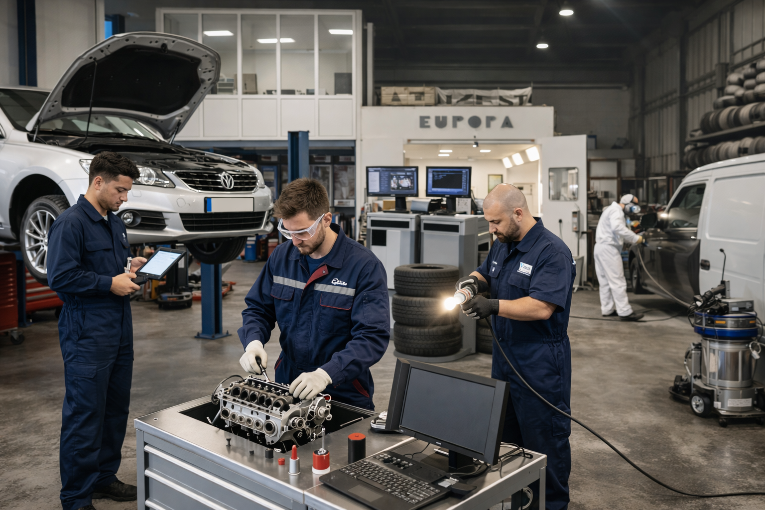 Des mécaniciens inspectent le moteur d'une voiture dans un garage, une voiture étant sur un pont élévateur en arrière-plan.