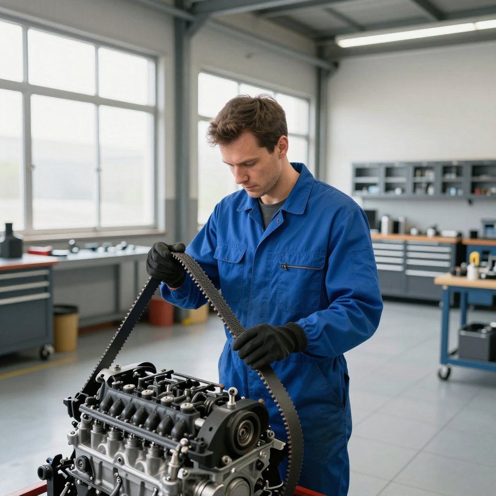 Un mécanicien en combinaison bleue travaille sur un moteur dans un atelier automobile lumineux.