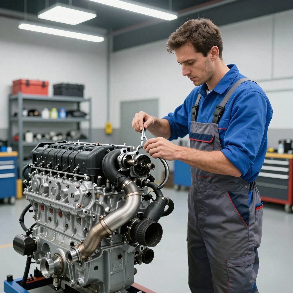 Un mécanicien, vêtu d'une combinaison bleue, règle un gros moteur dans un atelier.