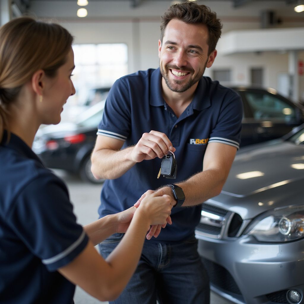 Deux employés d'un garage automobile échangent des clés de voiture, avec une voiture argentée en arrière-plan.