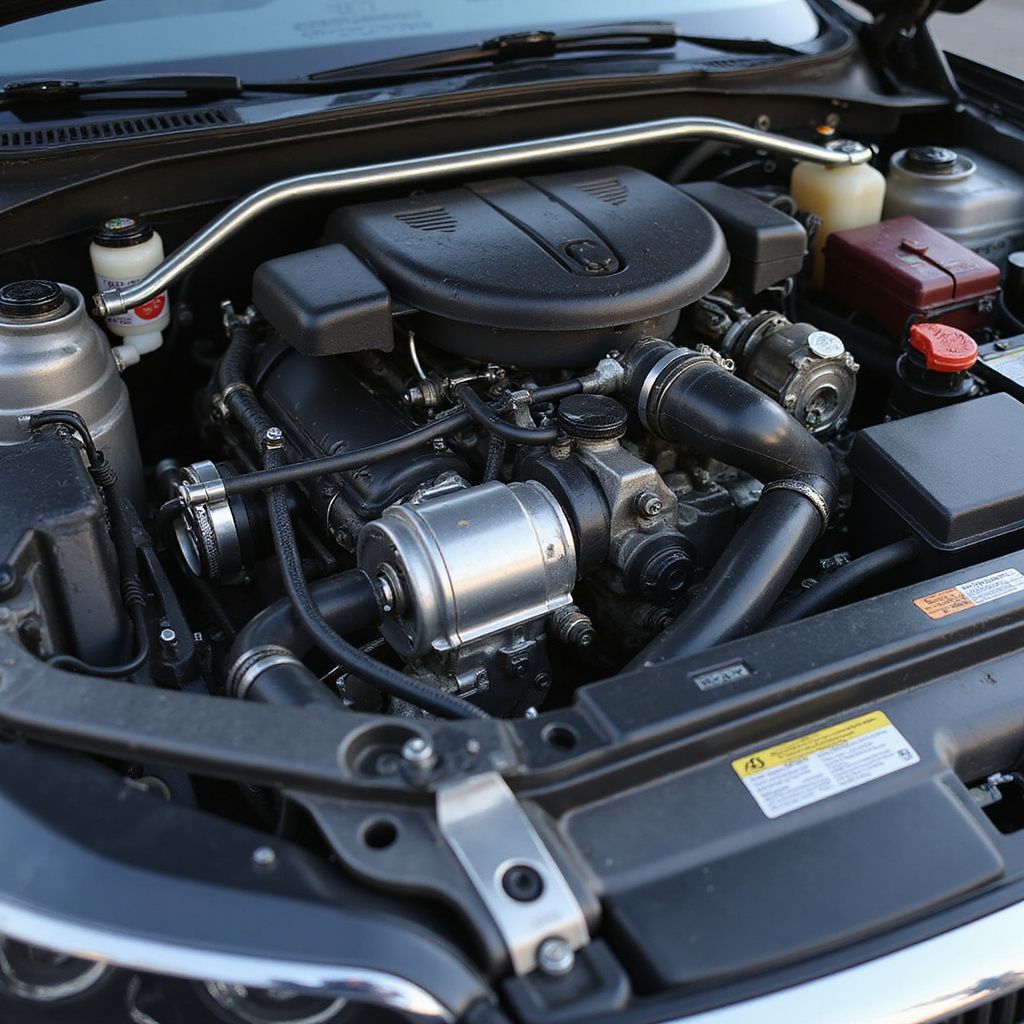 Gros plan sur le compartiment moteur d'une voiture, avec des durites noires et des composants argentés sous le capot.