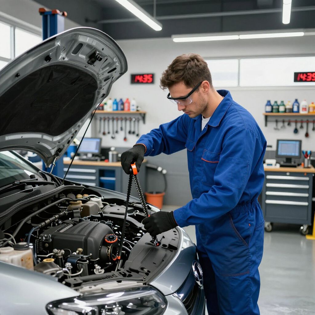 Un mécanicien en combinaison bleue travaille sur un moteur de voiture dans un garage lumineux, capot ouvert.
