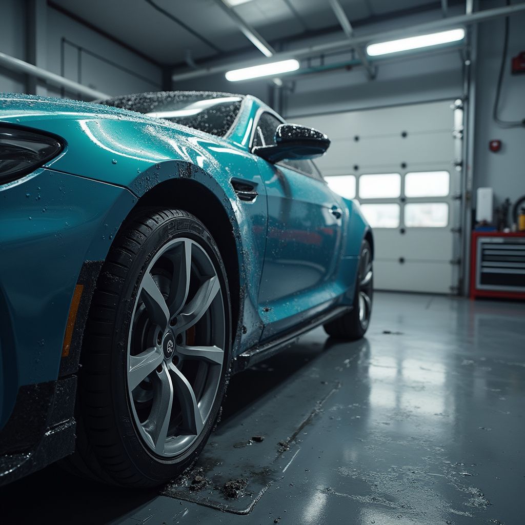 Voiture de sport bleue dans un garage, vue de face avec des reflets sur le sol mouillé.