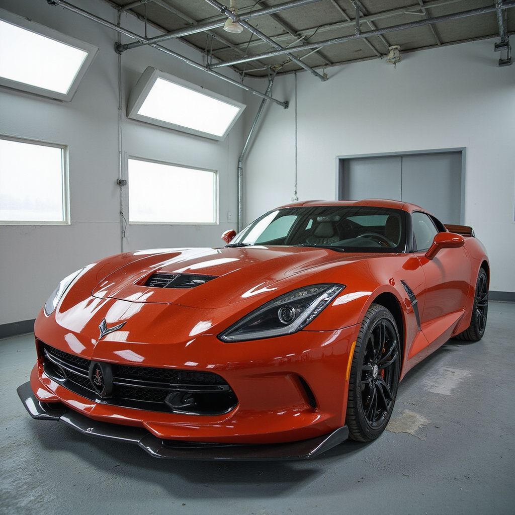 Voiture de sport rouge dans un garage blanc, vue de trois quarts avant