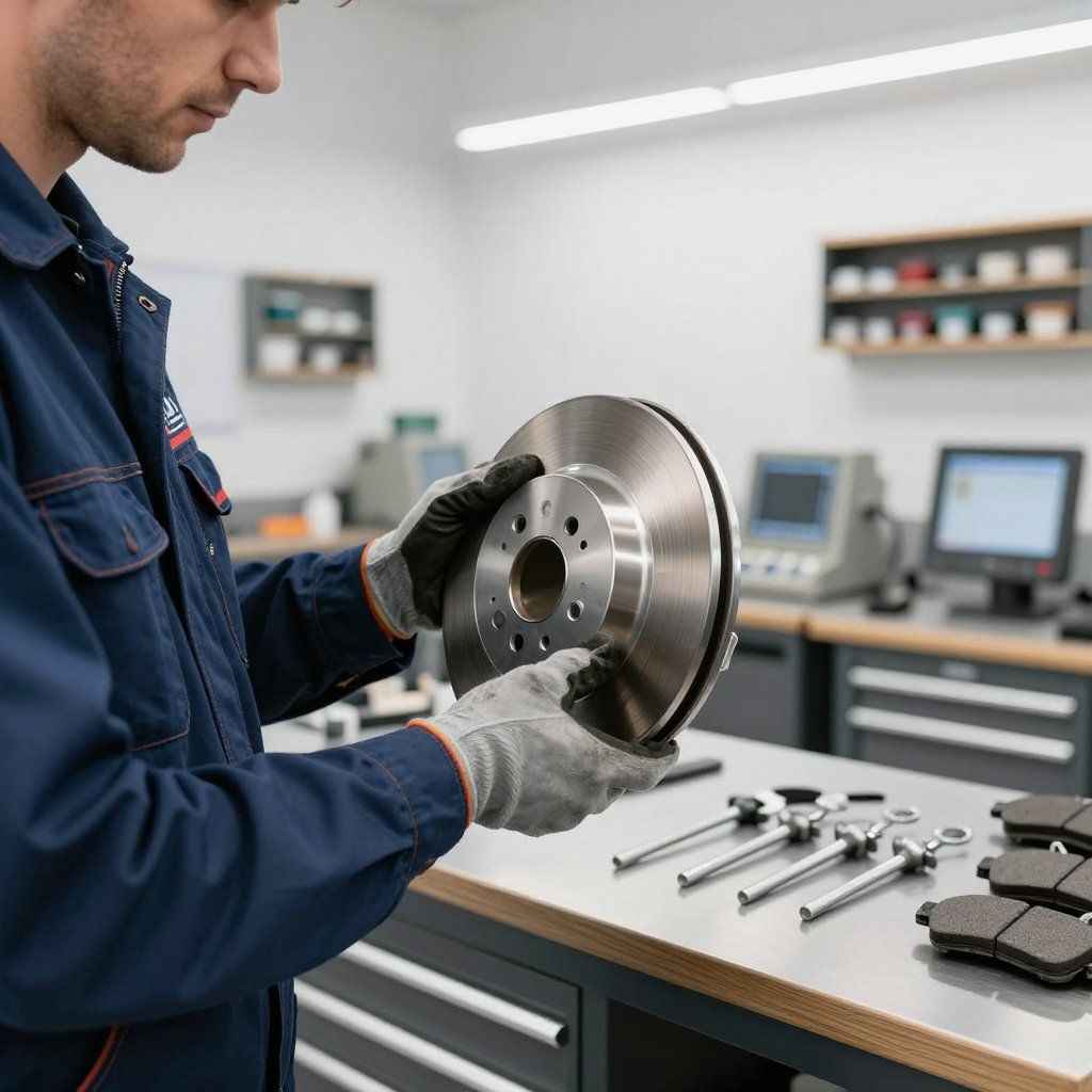 Un mécanicien inspecte un disque de frein dans un atelier automobile propre, avec des outils disposés sur un établi.