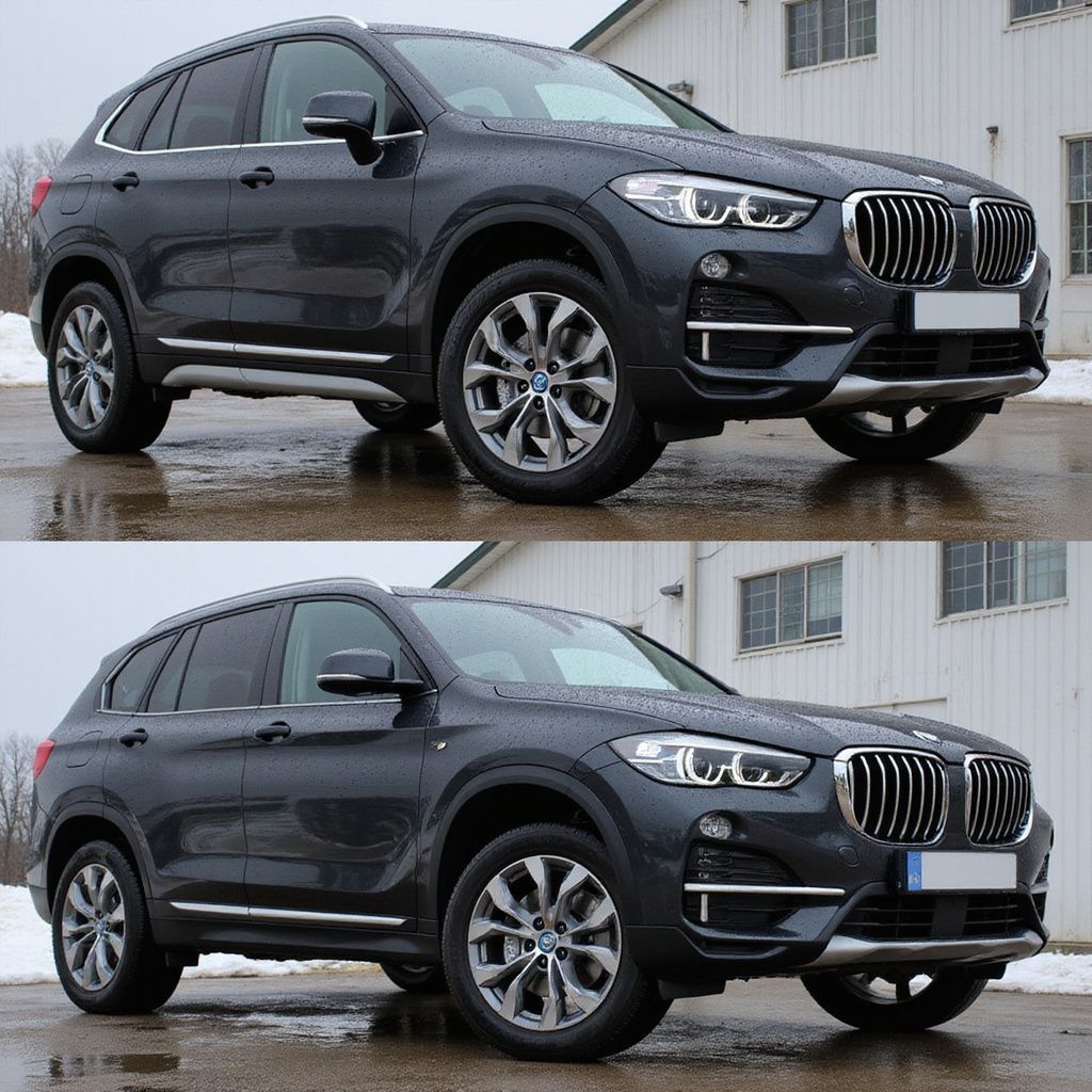 SUV BMW gris foncé stationné sur chaussée mouillée, vu de face.