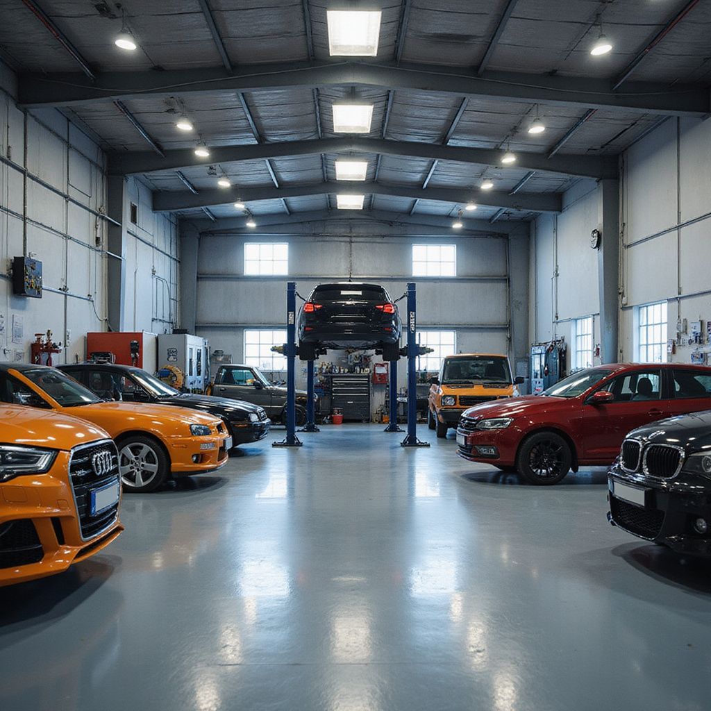 Salle d'exposition automobile présentant des voitures de sport orange, rouges et noires sous une lumière vive.