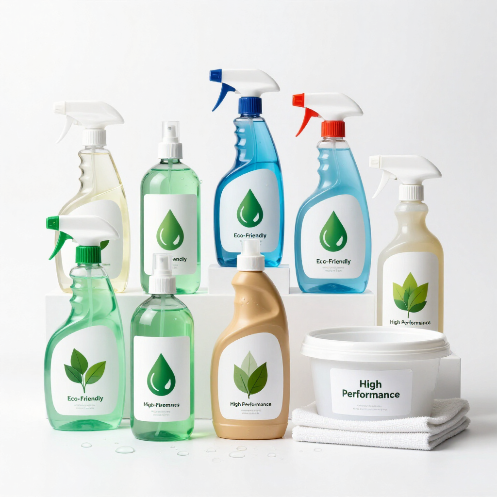 Produits de nettoyage dans des flacons blancs ornés de détails dorés, citrons et menthe sur une surface en bois rustique.