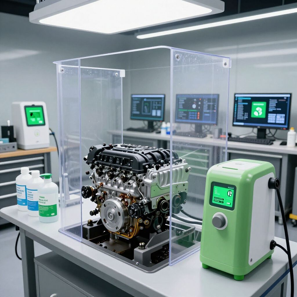 Laboratoire moderne avec moteur sur banc d'essai, enceinte transparente, écrans et équipements de diagnostic écologiques