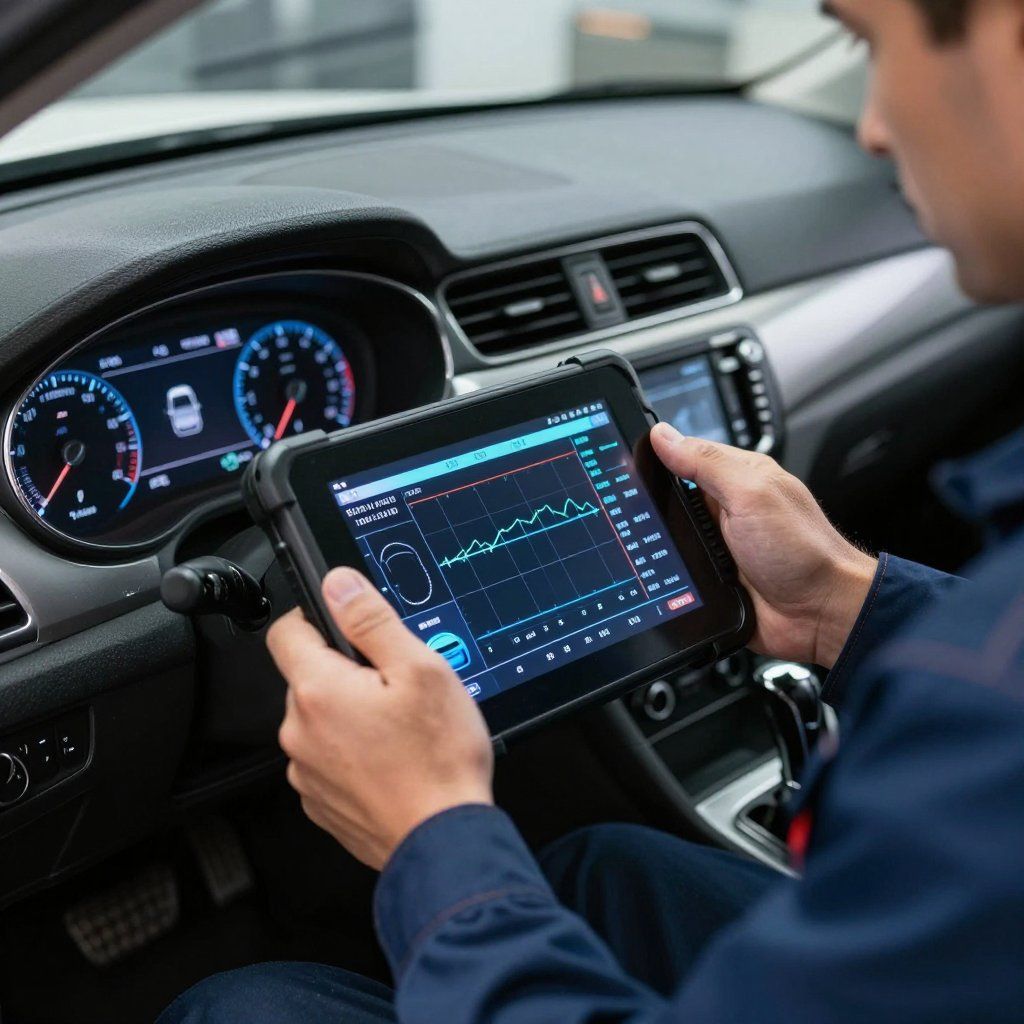 Un technicien utilise une tablette pour diagnostiquer le tableau de bord d'une voiture à l'intérieur d'un véhicule.