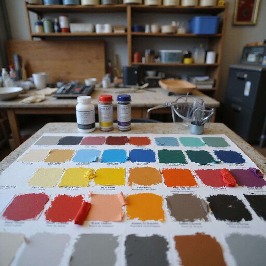 Des échantillons de peinture sont disposés sur une table dans un atelier, avec des pots et des pinceaux en arrière-plan.