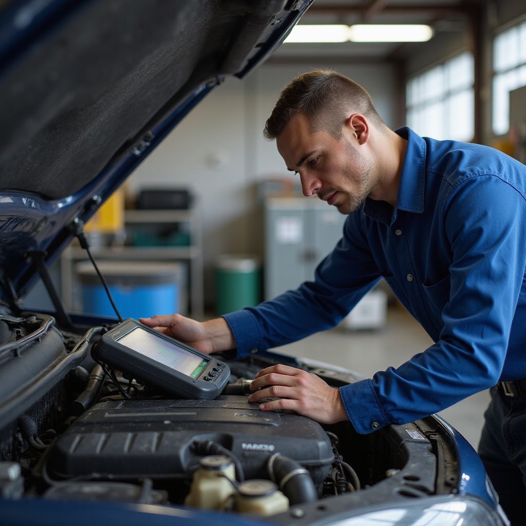 Un mécanicien en combinaison bleue utilise un outil de diagnostic sous le capot d'une voiture dans un garage.