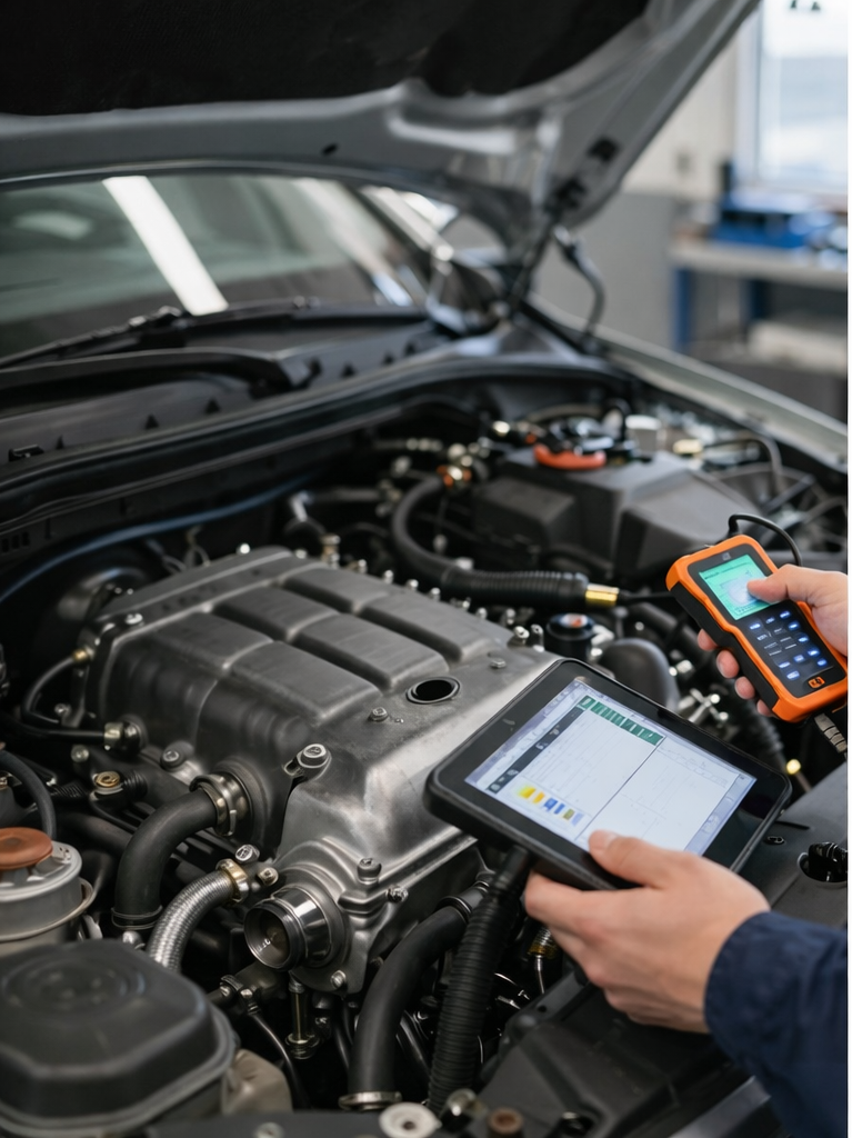 Un mécanicien utilise une tablette et un outil de diagnostic pour inspecter le moteur d'une voiture dans un garage.