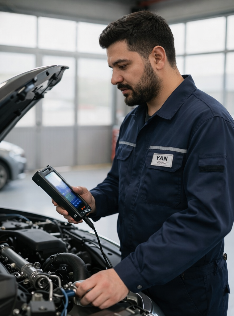 Un mécanicien inspecte le moteur d'une voiture à l'aide d'une tablette de diagnostic dans un garage.