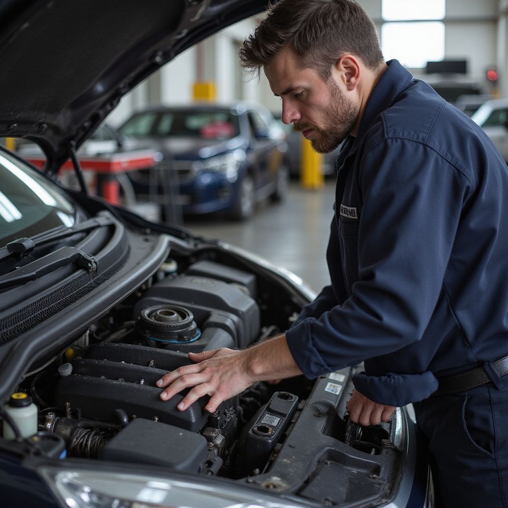 Un mécanicien inspecte le moteur d'une voiture dans un garage, penché sur le capot ouvert.