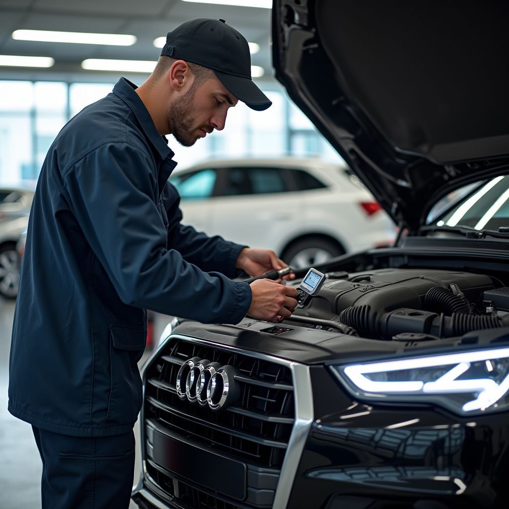 Un mécanicien travaille sous le capot d'une Audi noire dans un garage, à l'aide d'un outil.