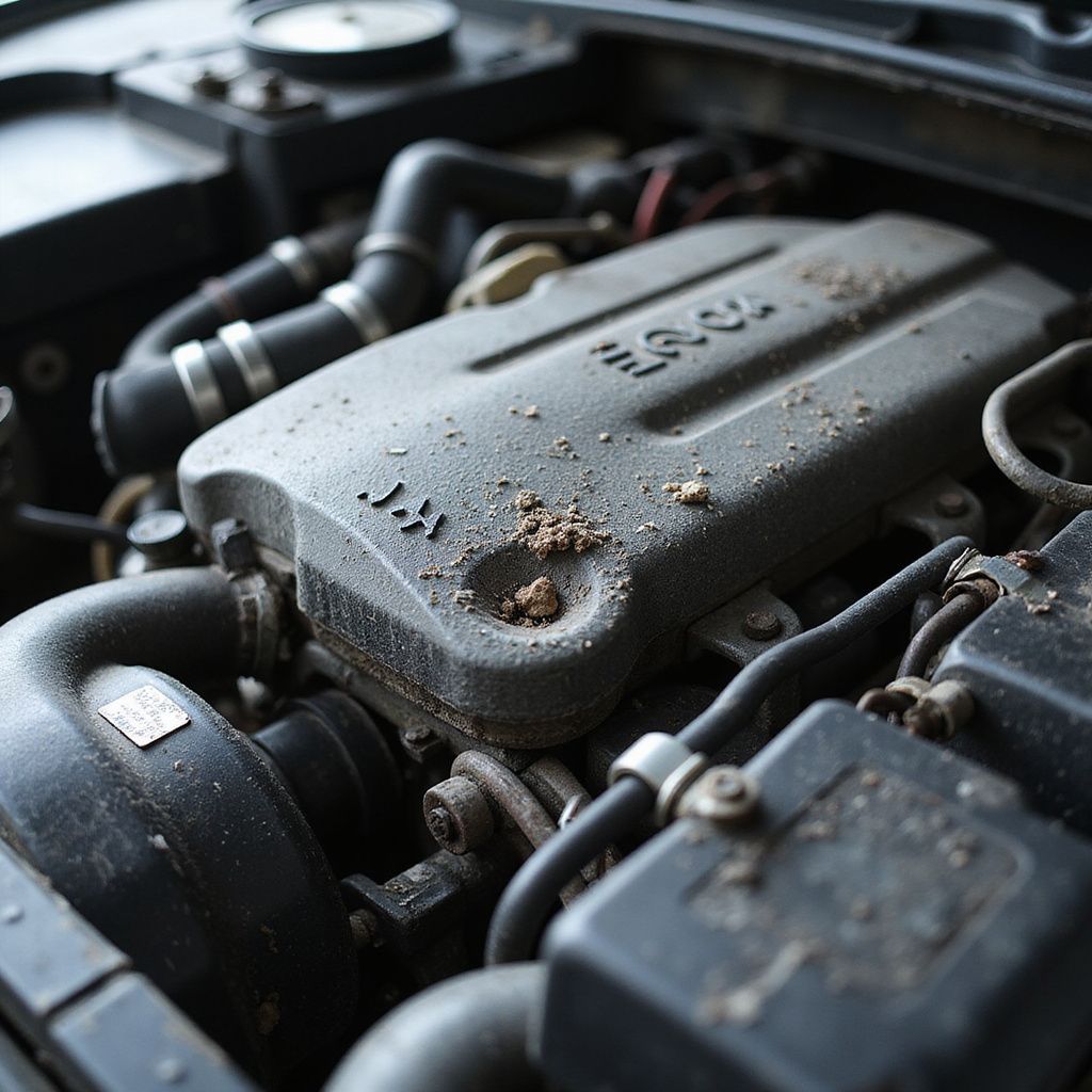 Gros plan sur un capot moteur poussiéreux présentant des points de rouille et des durites dans le compartiment moteur