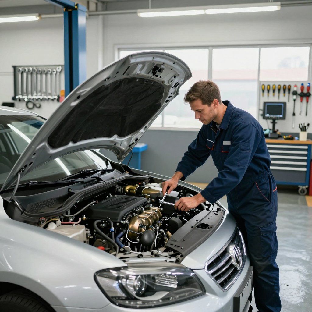 Mécanicien inspectant le moteur d'une voiture chez Yan Carrosserie Autos à Domène proche de Gières
