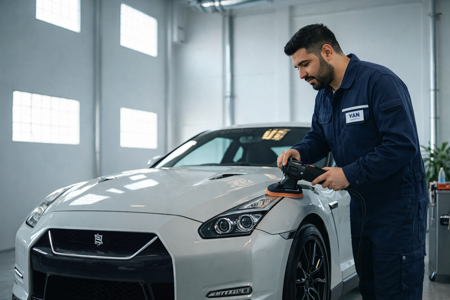 Polissage et lustrage de carrosserie sur une voiture de sport chez Yan Carrosserie Autos à