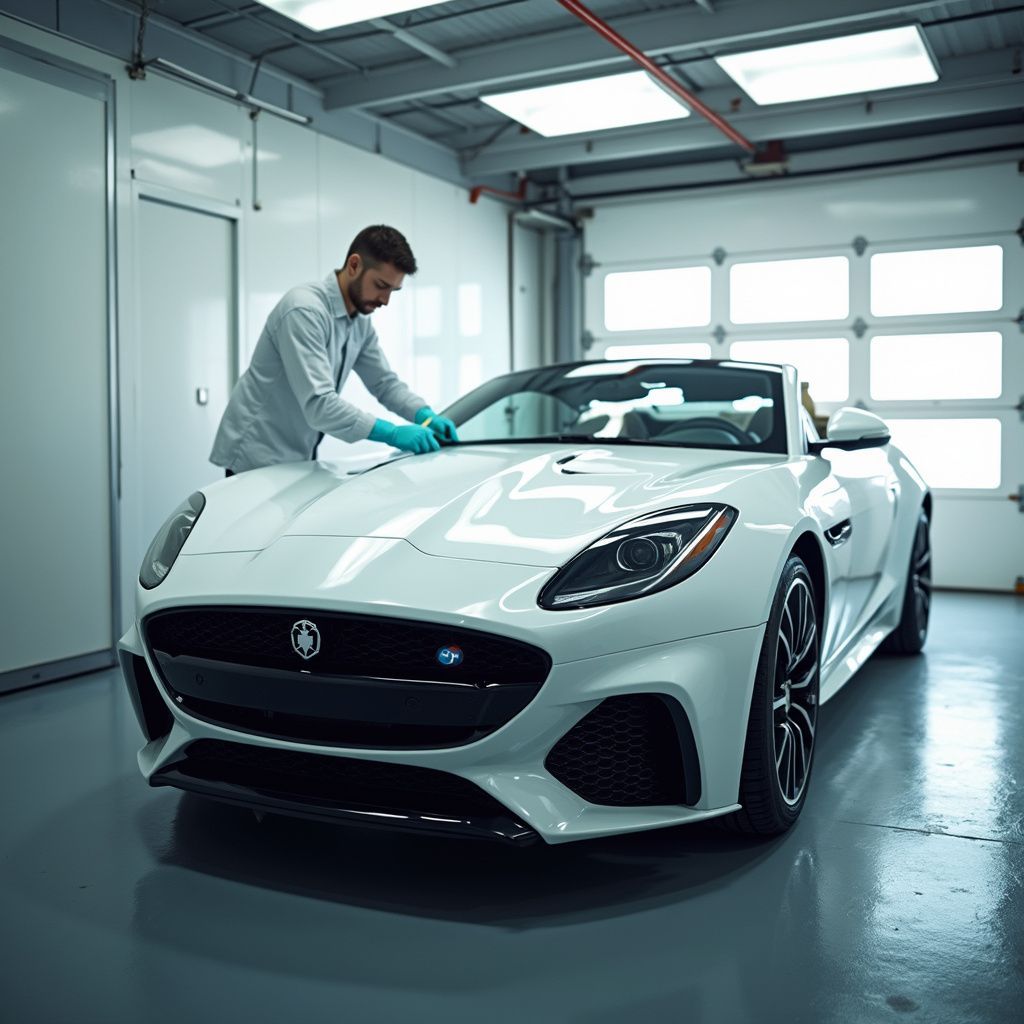 Un technicien polit une voiture de sport blanche dans un garage automobile propre.