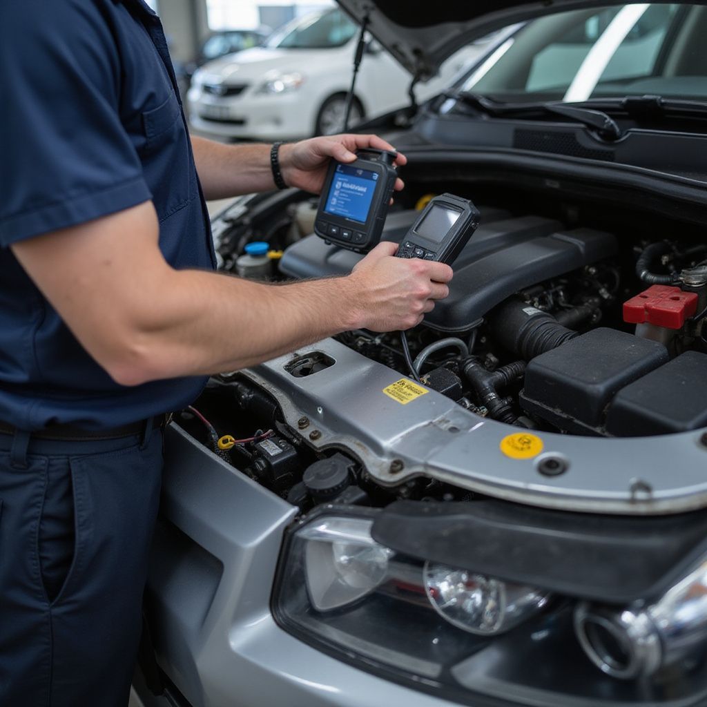 Un mécanicien utilise des outils de diagnostic sur un moteur de voiture dans un atelier de réparation.