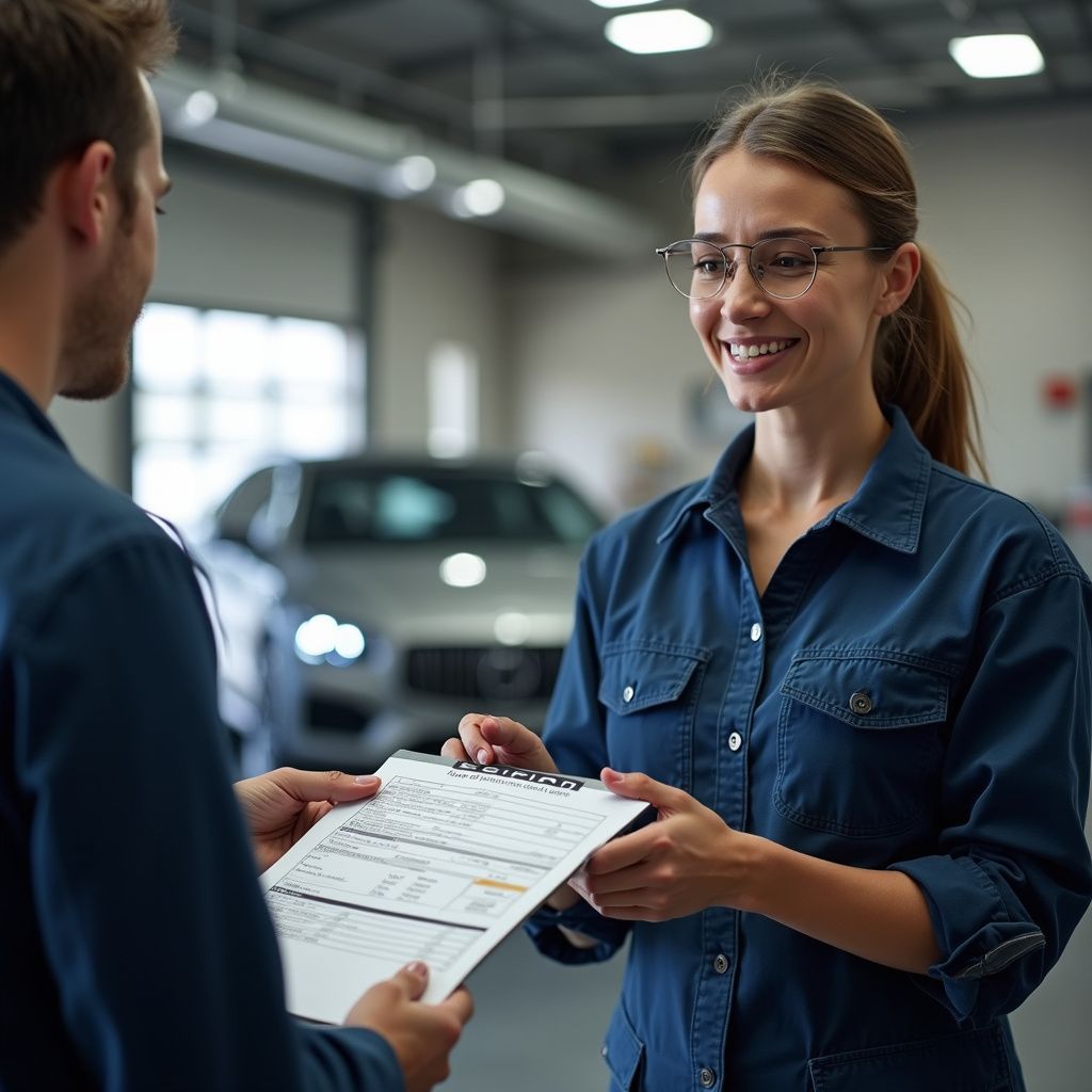 Un employé souriant en chemise bleue tend un porte-documents à un client dans une salle d'exposition automobile