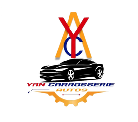Logo YCA avec des lettres rouges et orange au-dessus d'une voiture noire et le texte « YAN CAROSSERIE AUTOS »