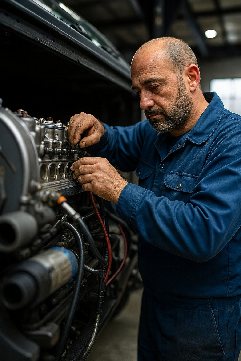 Mécanicien en combinaison bleue réparant des machines dans un atelier industriel
